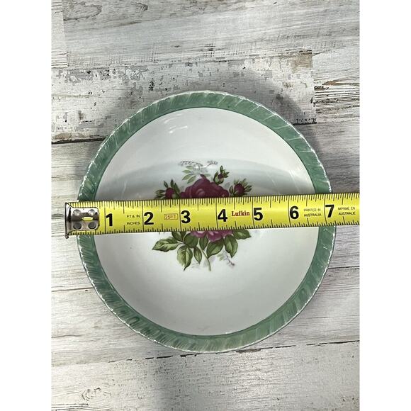 VTG Floral Green Lusterware Scalloped Rim Round Serving Dish 7" Diameter Rose - Picture 5 of 6